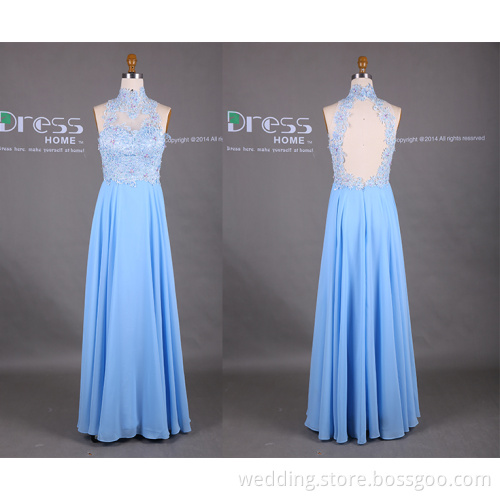 Lace Chiffon A-line Halter Light Blue Evening Dresses